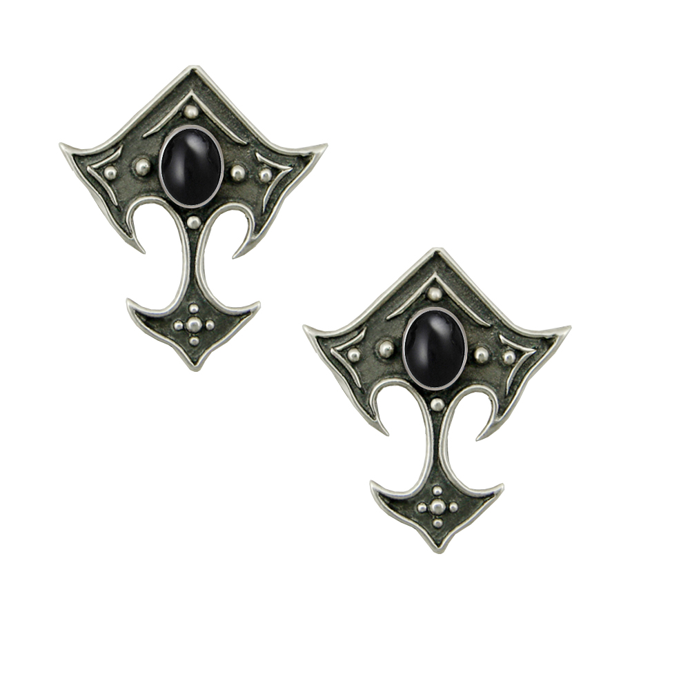 Sterling Silver Gothic Inspired Designer Drop Dangle Earrings With Black Onyx